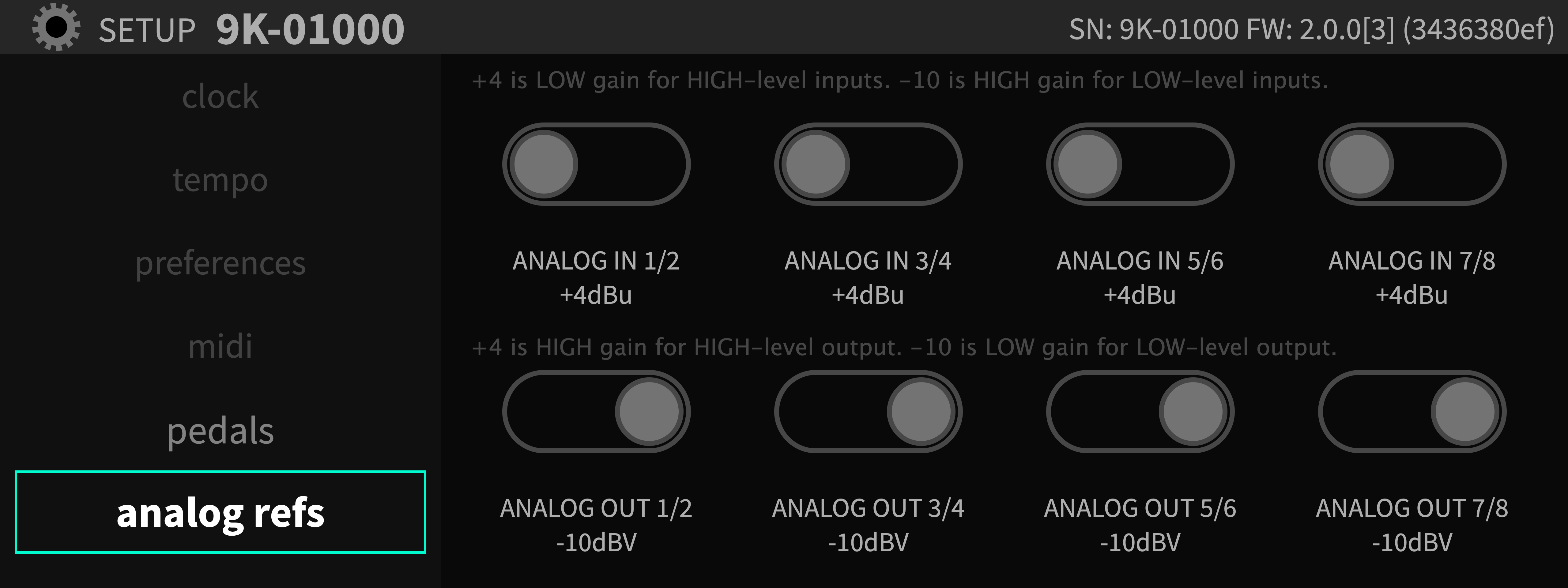 Analog Reference Levels screen