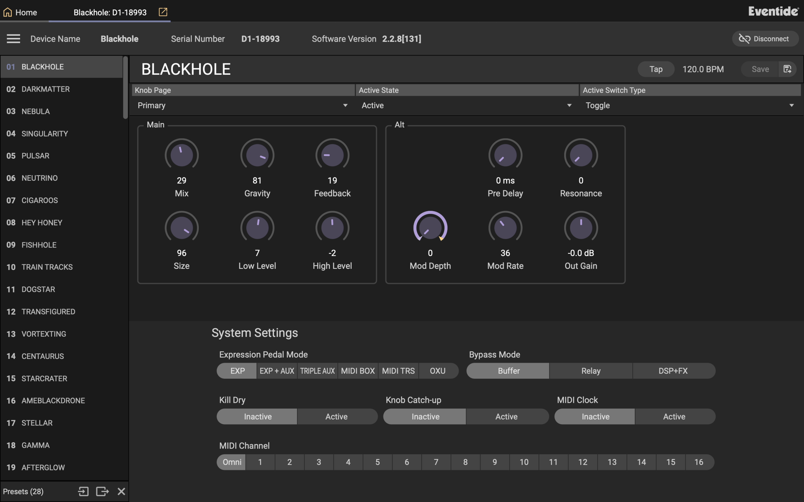 Eventide Control screenshot Blackhole