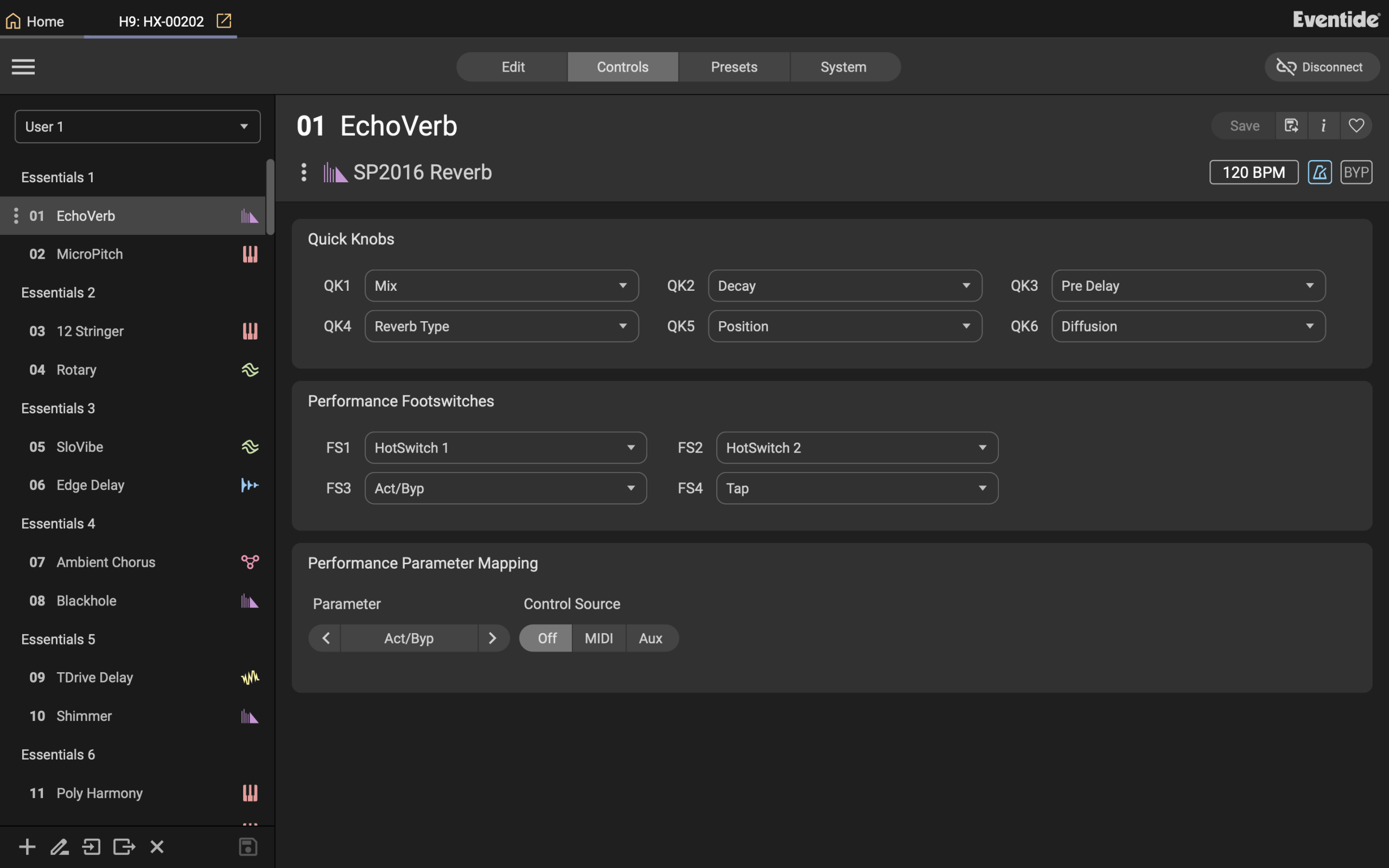 Eventide Control settings controls